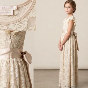 Think Pink Bows Cream Floral Lace Maxi Dress Size 12 girls party wedding formal